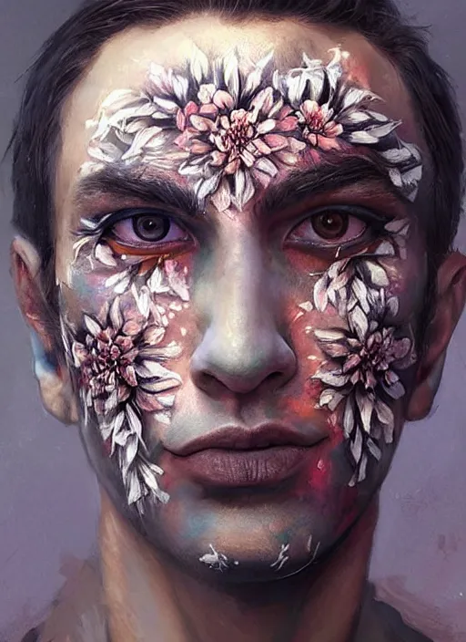 Image similar to a man with his face painted. male. face painting of flowers. beautiful highly detailed face. painting by artgerm and greg rutkowski and raymond swanland.