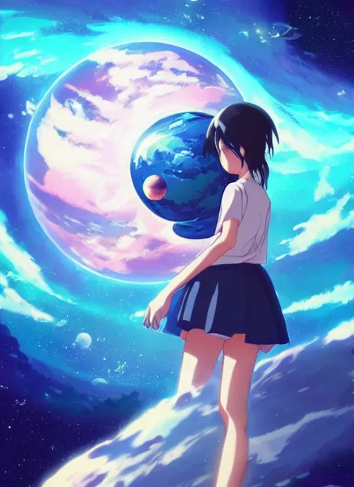 Prompt: a gigantic anime girl in outer space holding a small blue planet in the palm of her hand. Anime, Makoto Shinkai, cosmic skies, trending on ArtStation, digital art.