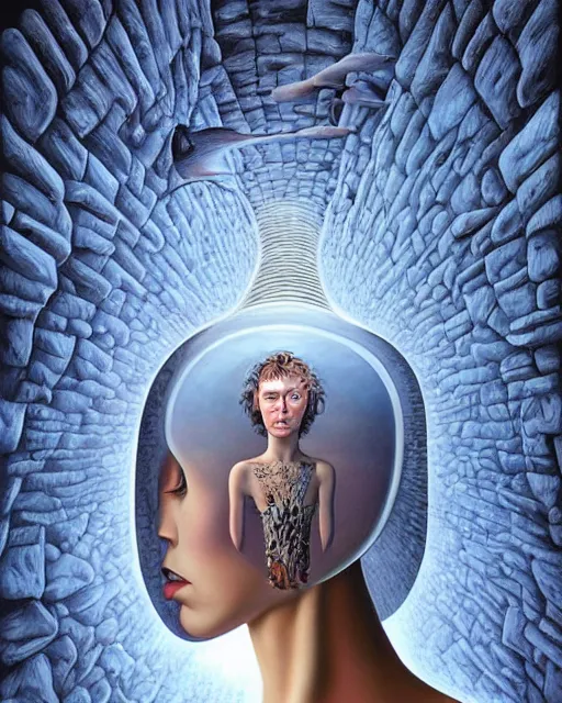 Image similar to non - binary gender dysphoria theme surrealist art in the styles of igor morski, jim warren, and rob gonsalves, intricate, hyperrealistic, volumetric lighting