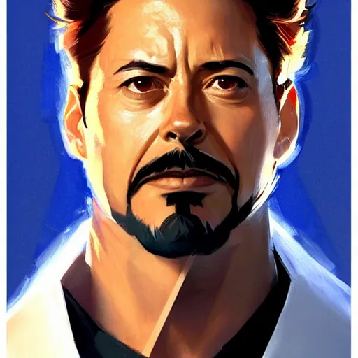 Image similar to greg manchess portrait painting of tony stark as overwatch character, totally whack, medium shot, asymmetrical, profile picture, organic painting, sunny day, matte painting, bold shapes, hard edges, street art, trending on artstation, by huang guangjian and gil elvgren and sachin teng