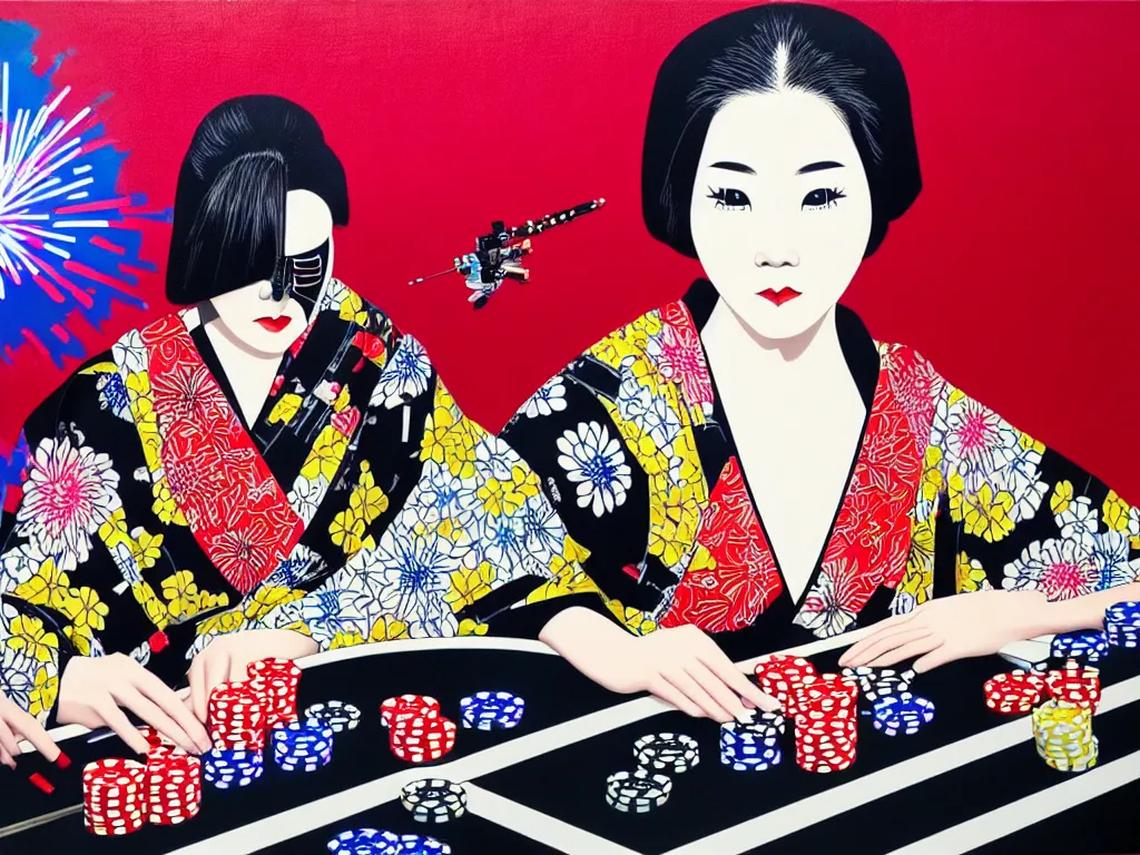 Image similar to hyperrealistic composition of the detailed woman in a japanese kimono sitting at a extremely detailed poker table with detailed darth vader, fireworks, mount fuji on the background, pop - art style, jacky tsai style, andy warhol style, acrylic on canvas