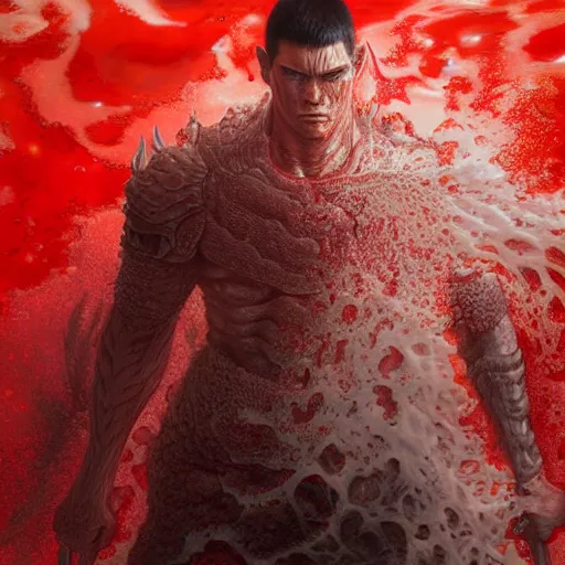 Image similar to portrait of guts from berserk submerged in red water, extremely detailed, made by wlop, maxwell boas, Naranbaatar Ganbold