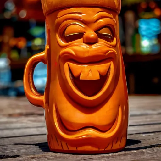 Image similar to a closeup photorealistic photograph of a glossy orange cat garfield style tiki mug sitting at a trader vic's beach bar featuring garfield's face. tiki theme. bright scene. fine detail. this 4 k hd image is trending on artstation, featured on behance, well - rendered, extra crisp, features intricate detail, epic composition and the style of unreal engine.