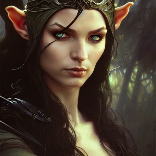 Prompt: portrait of a elven ranger, dark, piercing eyes, gentle expression, witchy clothing, photorealistic, highly detailed, artstation, smooth, sharp focus, art by michael whelan, artgerm, greg rutkowski and alphonse mucha