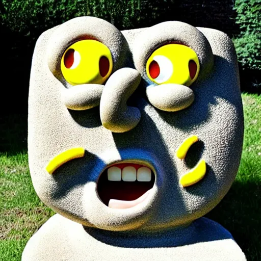 Image similar to spongebob squarepants, stone sculpture.