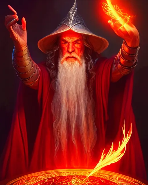 Prompt: Gandalf casting a fire spell, red led, glowing, D&D, fantasy, intricate, elegant, highly detailed, digital painting, artstation, concept art, matte, sharp focus, illustration, hearthstone, art by Artgerm and Greg Rutkowski and Alphonse Mucha