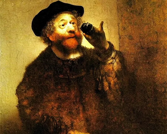 Prompt: man listening old radio. painting by rembrandt