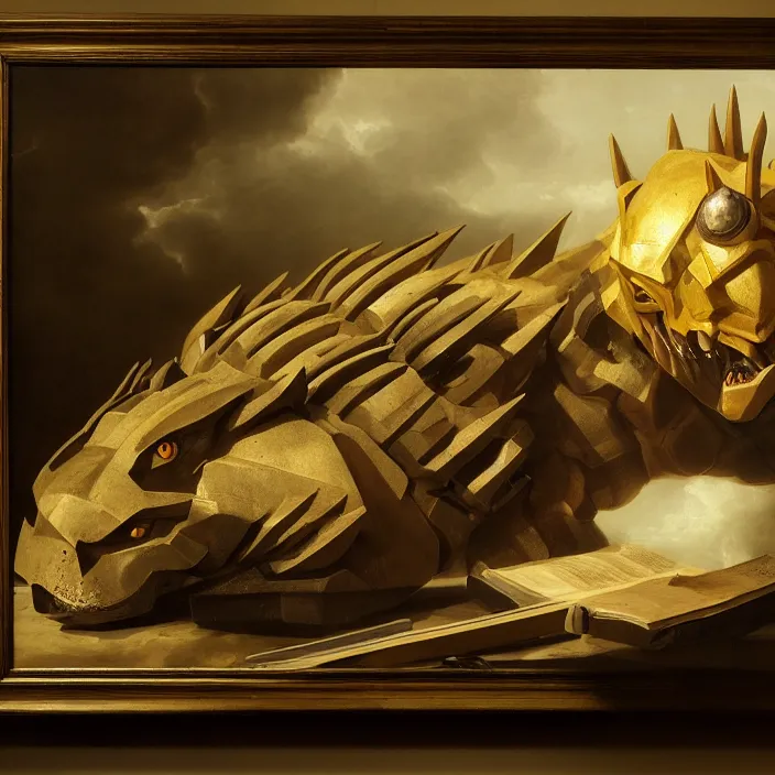 Prompt: still life painting of wargreymon by pieter claesz, oil on canvas, strong lighting, highly detailed, hyper realism, golden hour, god rays, hd, 4 k