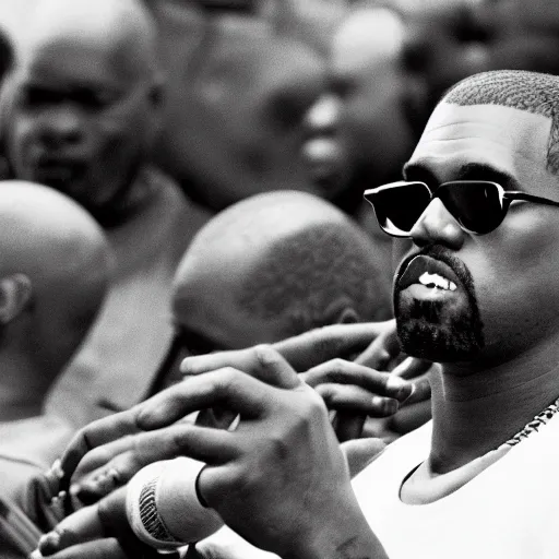 Image similar to vintage photograph of Kanye West speaking at the Million Man March, Sigma 40mm, portrait, black and white