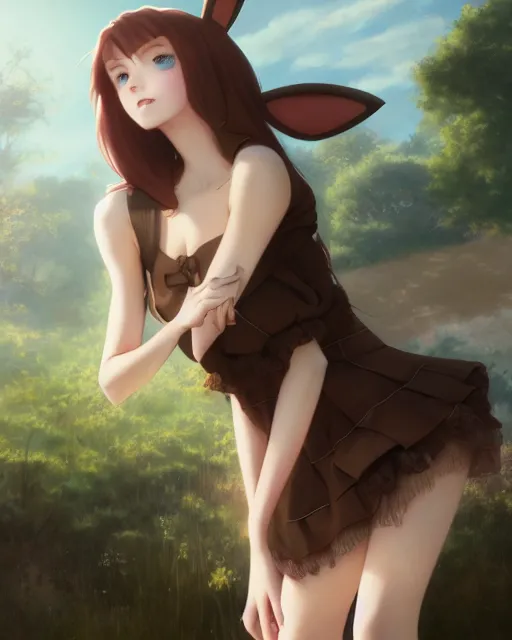 Image similar to photo of eevee pokemon humanisation, in lace brown dress, film still, dslr, by greg rutkowski, gil elvgren, enoch bolles, ross tran, artgerm, wlop, glossy skin, pearlescent, very coherent