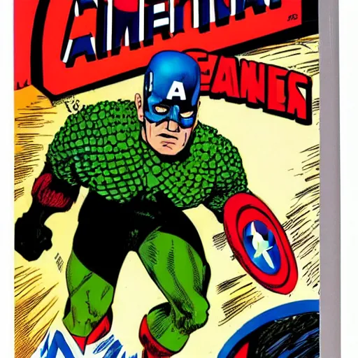 Prompt: Captain America fighting a vilain dressed as a giant pickle, comic book cover, by Stan Lee