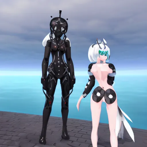 Prompt: Northern Princess Abyssal Aviation Battleship (Installation), a character from Kantai Collection in vrchat looking at a random person from VRChat she has white hair