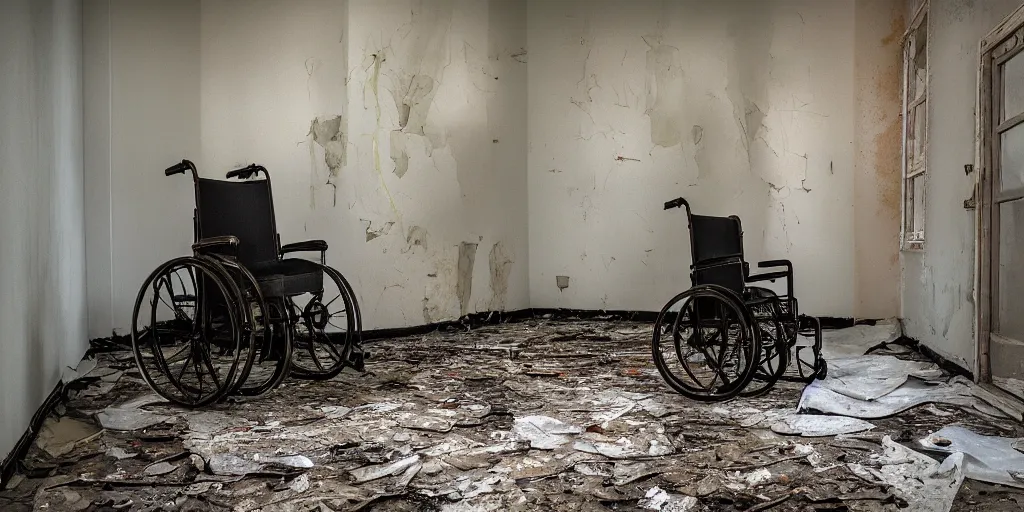 Image similar to abandoned psychiatric ward with paint peeling of the walls, dirty floor, broken wheelchair, at night, photography