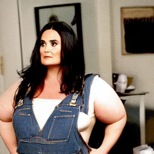 Image similar to demi - moore as a very fat woman, wearing overalls