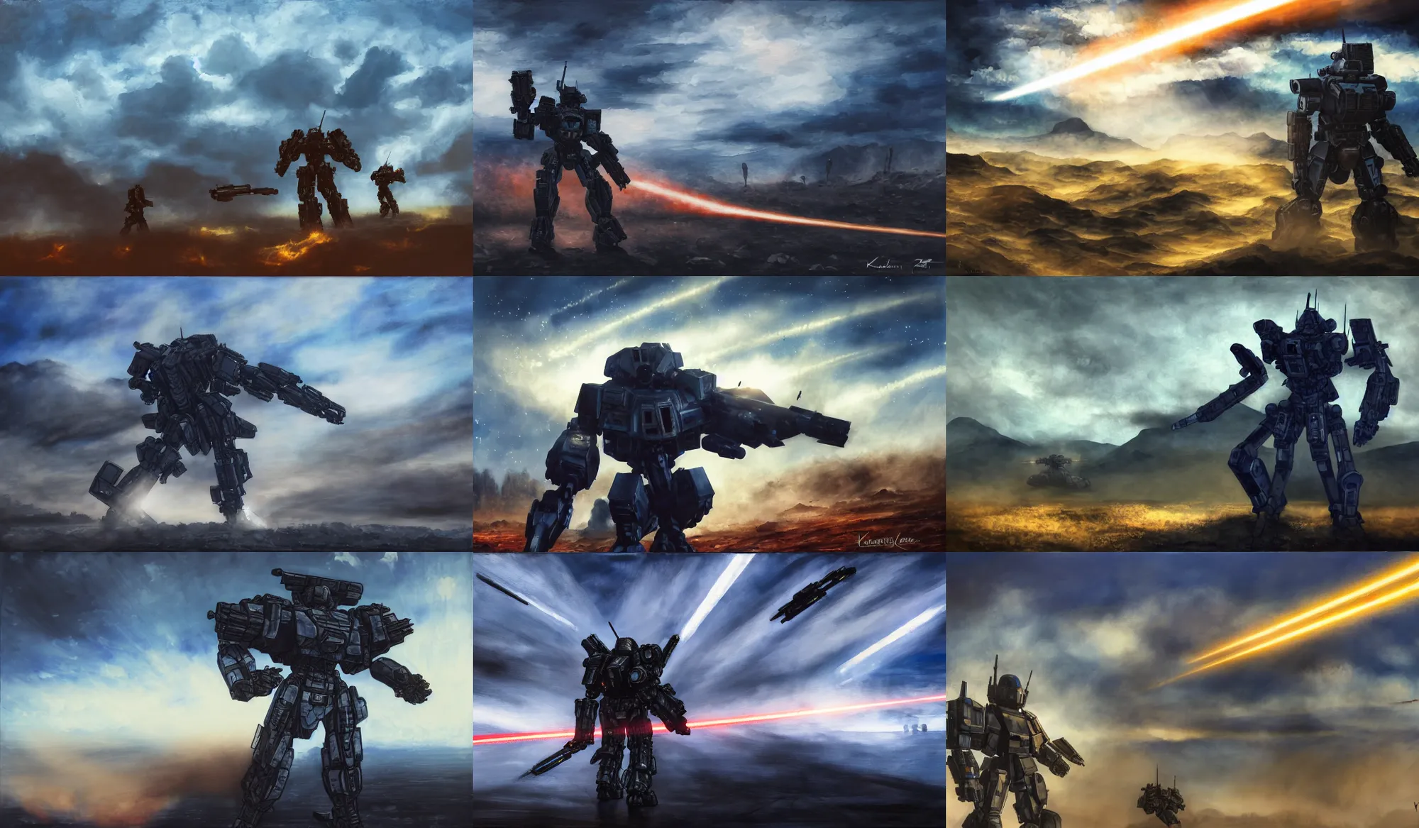 Prompt: an armored core v by kashin, wadim, booster flares, legs, laser rifles, karst landscape, very smoky, dark blue sky, cloud, wilderness ground, golden time, twilight ; wide shot, oil painting, dynamic contrast, dynamic backlighting, sharp edge, motion blur