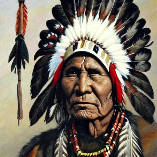 Image similar to a painting of a native american chief, in traditional dress, by atrgerm