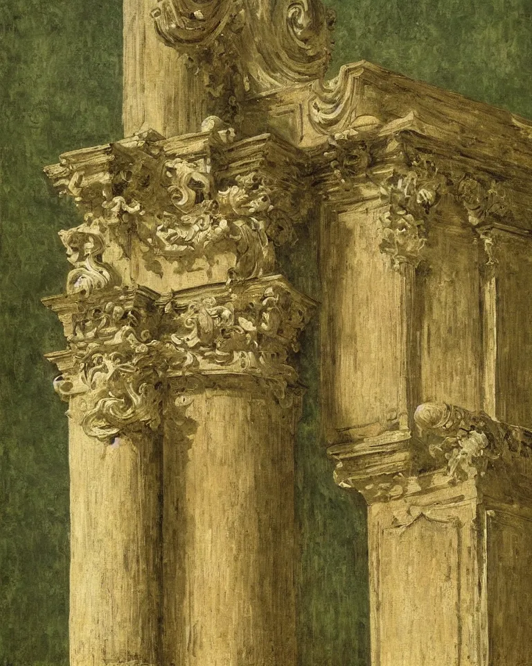 Prompt: achingly beautiful painting of intricate ancient roman corinthian capital on olive drab background by rene magritte, monet, and turner. giovanni battista piranesi.