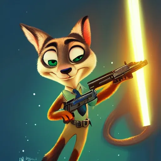 Image similar to “ animal character in the style of zootopia holding laser gun, floating alone, with a black dark background, digital art, award winning, trending on art station ”