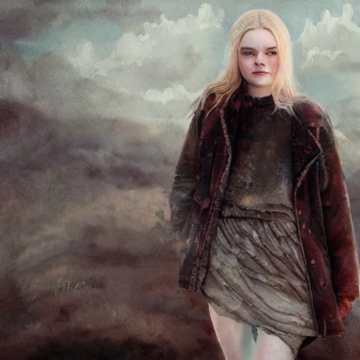 Image similar to a stunning portrait painting of Elle Fanning in a post apocalyptic landscape