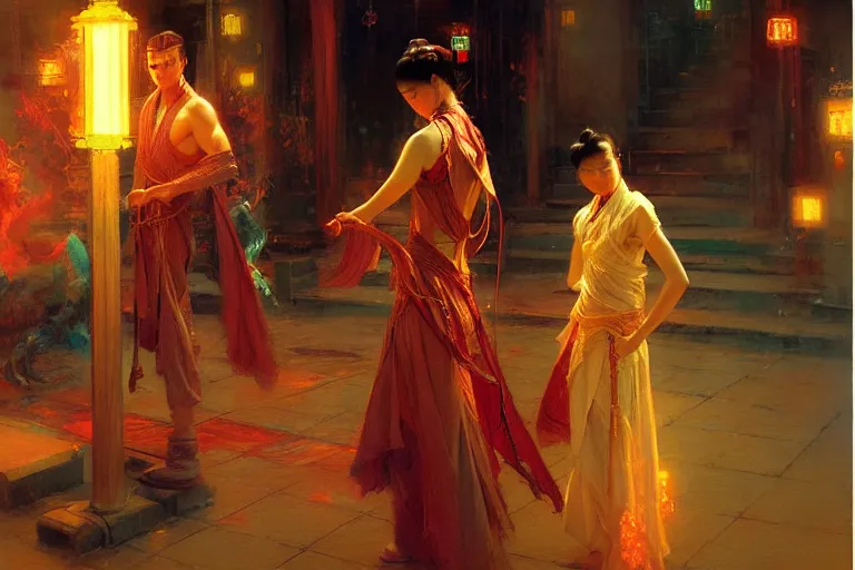 Image similar to wuxia, neon light, painting by gaston bussiere, craig mullins, j. c. leyendecker