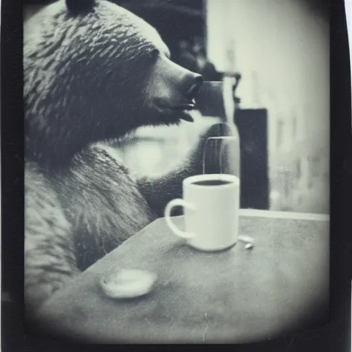 Image similar to a very beautiful old Polaroid picture of a bear drinking coffee inside a coffee shop, award winning photography