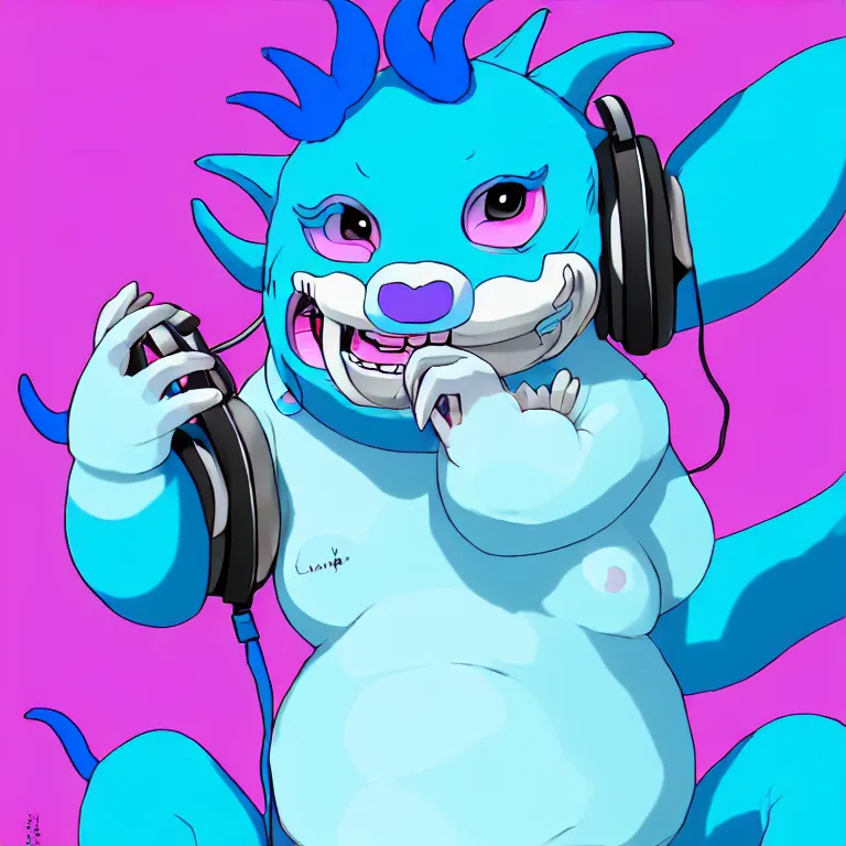 Image similar to a chubby anthropomorphic male blue dragon fursona, blue bubble gum, headphones on his head, cute, furry, beautiful, soft colors, oil on canvas, soft lighting