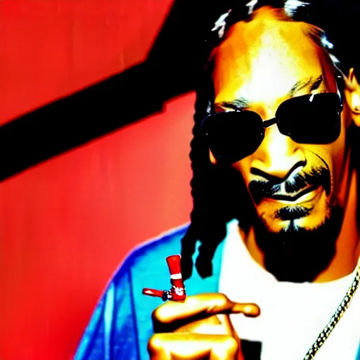 Image similar to Snoop Dog with big eyes eye color red , smiling and holding a joint in his hand