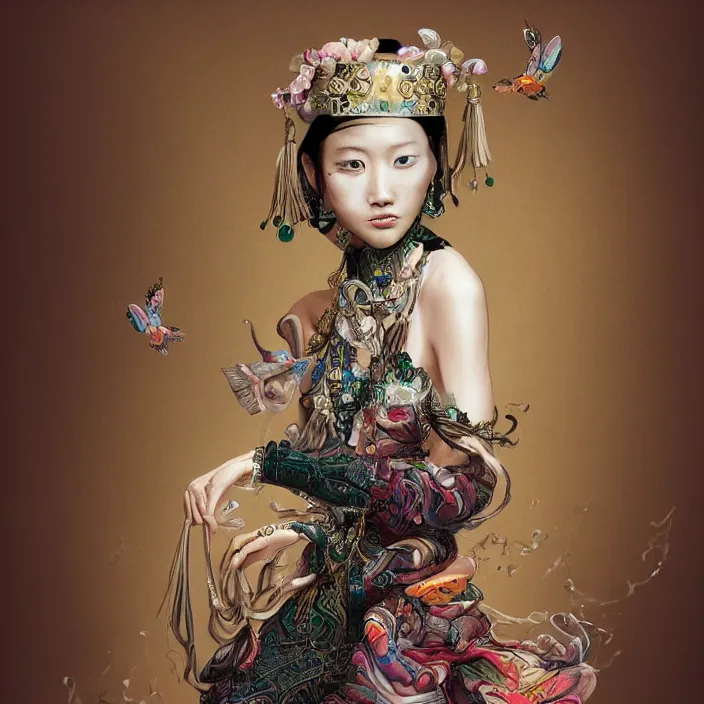 Image similar to chinese gucci goddess nerd, future fashion, stylish deity, model, volumetric, concept art, gucci, digital painting, beautiful, ornate, hd, by annie leibovitz, by giger