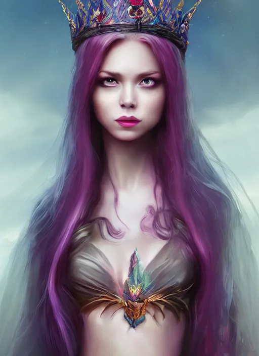 Image similar to mysterious evil princess with long hair and a crown, vivid colors, fantasy, elegant, concept art, sharp focus, beautiful face!!, digital art, Hyper-realistic, 4K, Unreal Engine, Highly Detailed, HD, Dramatic Lighting by Brom, trending on Artstation