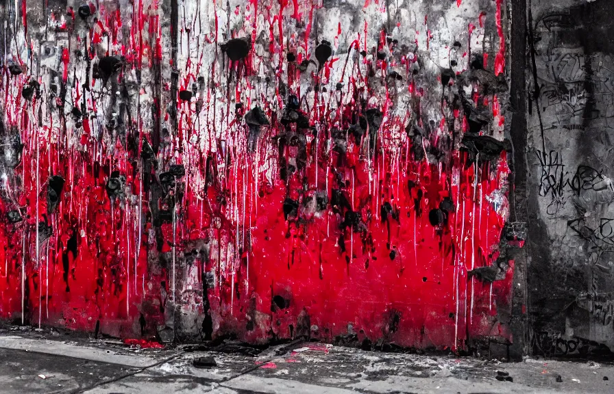Prompt: new york underground graffiti, dripping and splattering blood red and black, 4k