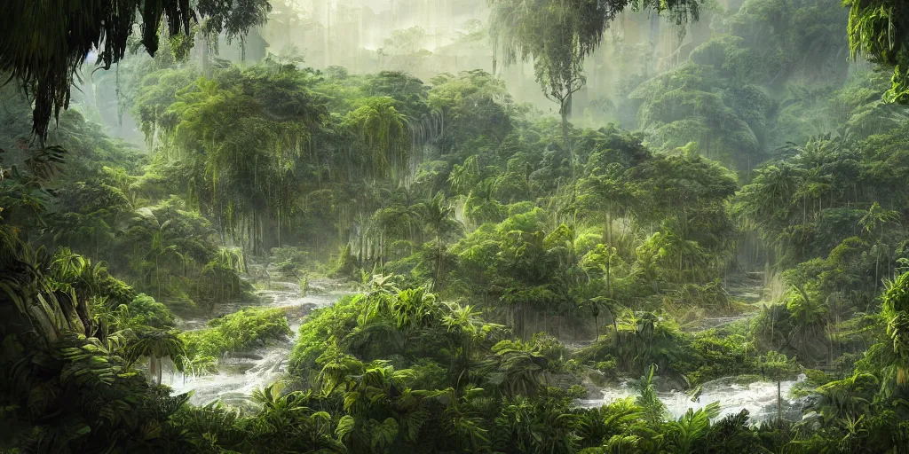 Image similar to view of a jungle planet with lush vegetation and rivers and a human colony, sci-fi, concept art, digital painting, still, highly detailed, intricate details, landscape