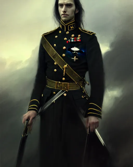 Image similar to realistic portrait of a young handsome war general in his black uniform, long hair, greg rutkowski, seb mckinnon, matte painting, delicate, facing the camera, mysterious, hyper realism, 1 4 5 0, ink, ultra realistic, 8 k