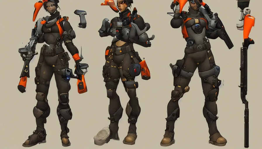 Prompt: Concept art for new overwatch character: Sabotuer, French Special Ops, Skinny, Spy, Uses C4, Roguish, and Hand Grenades, Anti-tank Rifle, Dark Humor, Male, Rugged, Dagger, Contra, Fast, Black and Orange