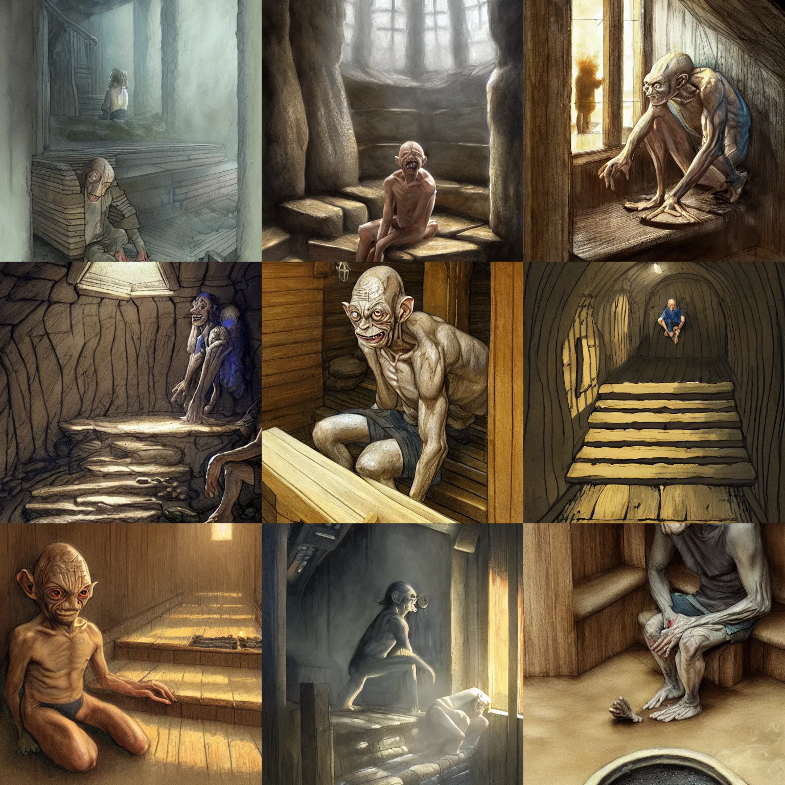 Prompt: an illustration of gollum under the sauna steps by John Howe, high quality, artstation trending, natural light,