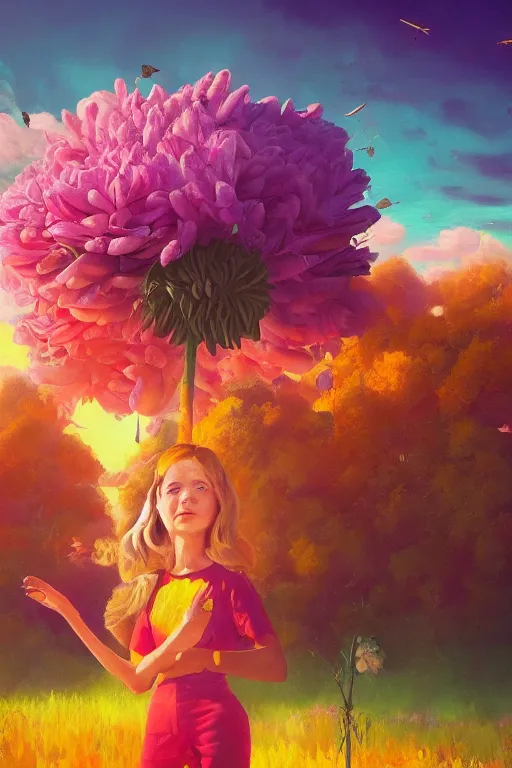 Image similar to closeup, giant flower as a head, girl surrounded by djungle, surreal photography, golden hour, colorful clouds, impressionist painting, digital painting, artstation, simon stalenhag