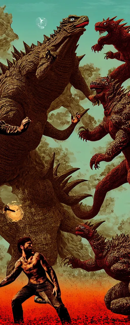 Prompt: adam and eve versus godzilla, red dead redemption illustration art style, smooth painting, each individual seeds have ultra high detailed, 4 k, illustration, torn cosmo magazine style, concept art, pop art style, ultra realistic, underrated, by mike swiderek, jorge lacera, ben lo, tyler west