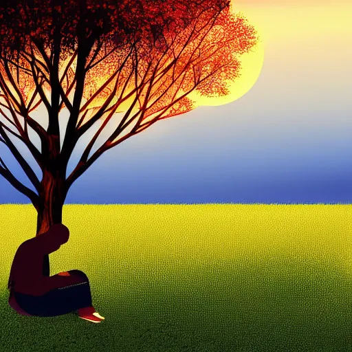 Image similar to lonely man sitting under a tree atop a hill watching the sunset, digital art