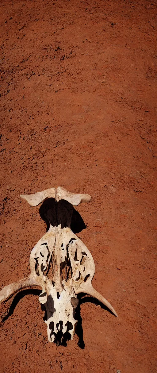 Image similar to a cow skull in the middle of a scolding desert, realistic, 4 k, ultra detail, rocky desert, cow skull, hot, orange soil