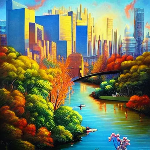 Image similar to Beautiful city of the future in harmony with nature. Nice colour scheme, soft warm colour. Beautiful painting by Lurid. (2022)