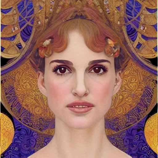 Image similar to a closeup portrait of a young natalie portman, art nouveau, jugendstil, decorative background, spirals, painted by klimt