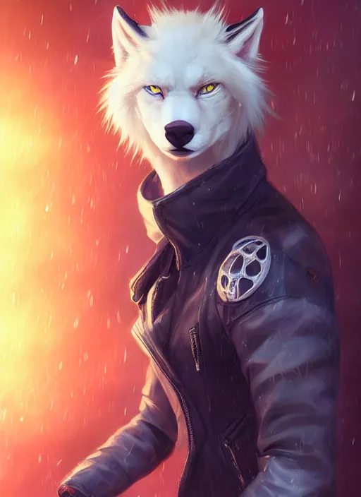 Image similar to award winning beautiful portrait commission of a male furry anthro albino wolf fursona with a tail and a cute beautiful attractive detailed furry face wearing stylish black and orange biker clothes in a cyberpunk city at night while it rains. Character design by charlie bowater, ross tran, artgerm, and makoto shinkai, detailed, inked, western comic book art