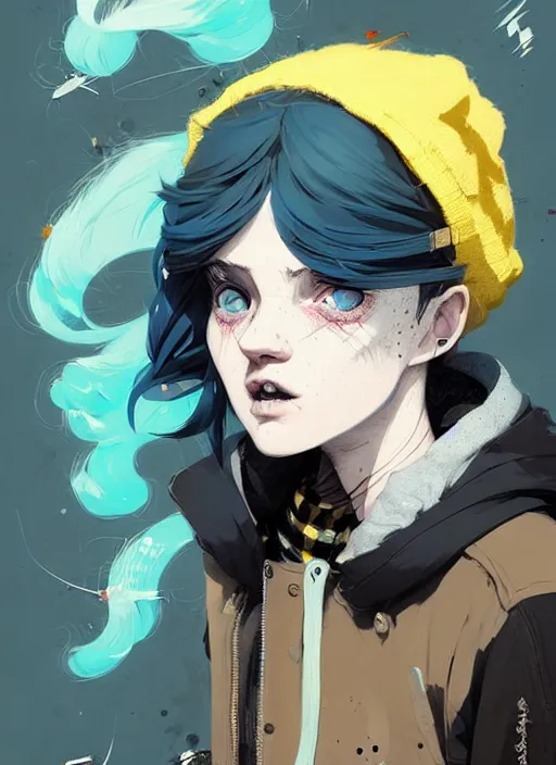 Image similar to highly detailed portrait of a sewer punk lady student, blue eyes, tartan hoody, hat, white hair by atey ghailan, by greg rutkowski, by greg tocchini, by james gilleard, by joe fenton, by kaethe butcher, gradient yellow, black, brown and cyan color scheme, grunge aesthetic!!! ( ( graffiti tag wall background ) )