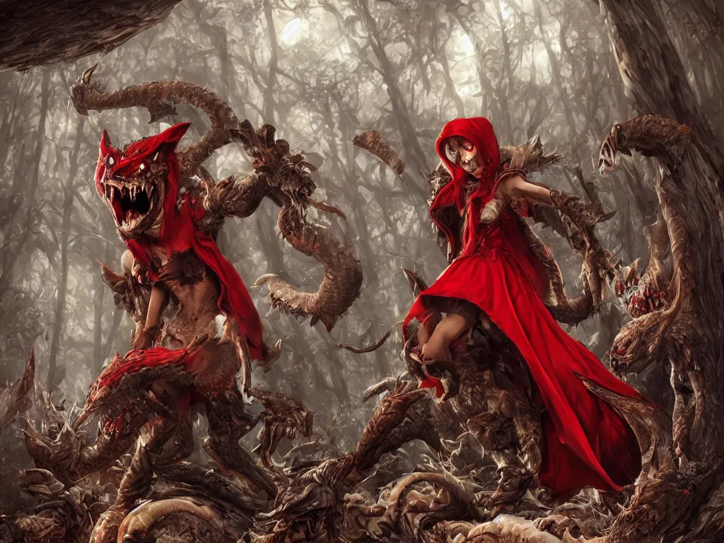 Image similar to Drunk mad mushroom-werewolf engaged in the social adaptation of monster hunter in red riding hood. Photorealistic, lifelike, Unreal Engine, sharp, detailed, 8K, by Gerald Brom, Dan Mumford, Stephan Martiniere