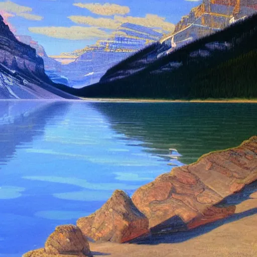 Prompt: Lake Louise in Banff National park, beautiful detailed landscape painting in the style of 19th century Hudson River school of Art