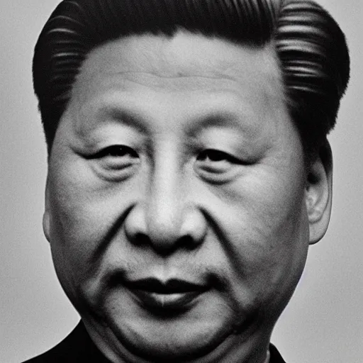 Image similar to photo of Xi Jinping by Diane Arbus, extreme closeup, black and white, high contrast, Rolleiflex, 55mm f/4 lens