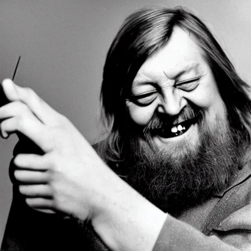 Image similar to robert wyatt laughing maniacally and shooting the viewer with his pistol