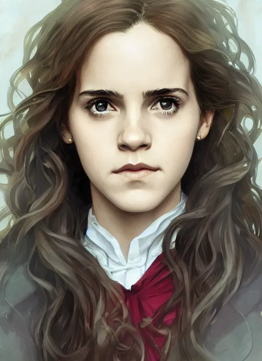 Prompt: hermione! granger! at hogwarts!!!! by emma watson. beautiful detailed face. by artgerm and greg rutkowski and alphonse mucha