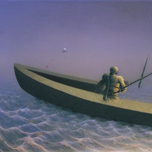 Image similar to a combat skiff by Zdzisław Beksiński, oil on canvas