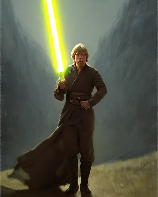 Prompt: luke skywalker, jedi knight. fantasy science fiction art by greg rutkowski, gustave courbet, rosa bonheur, edward hopper. faithfully depicted facial expression, perfect anatomy, realistic eyes, sharp focus, global illumination, radiant light, detailed and intricate environment, trending on artstation