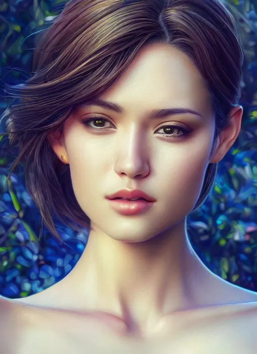 Image similar to photo of a gorgeous female in the style of stefan kostic, realistic, half body shot, sharp focus, 8 k high definition, insanely detailed, intricate, elegant, art by stanley lau and artgerm, bokeh foliage